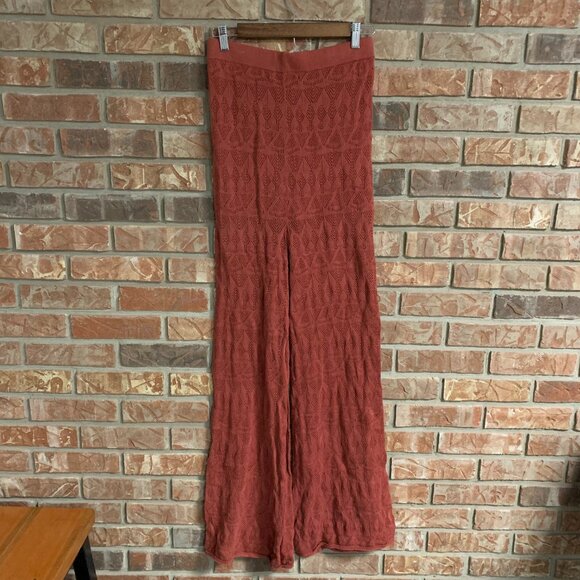 NWT Anthropologie Flat White Orange Rust Women's High Waist Pointelle Knit Pants - Picture 4 of 14